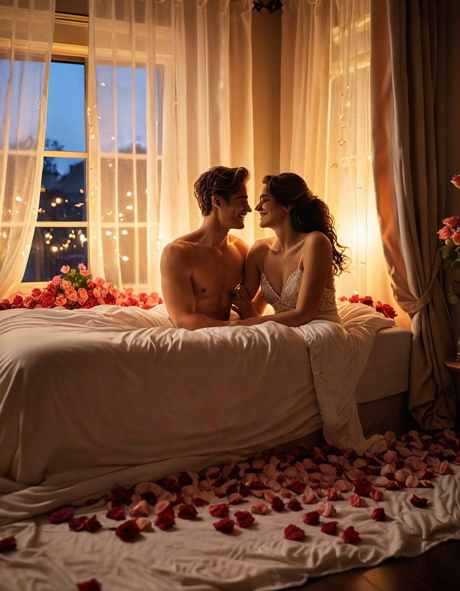 A soft, inviting bedroom featuring warm, ambient lighting with plush pillows and silky sheets. Delicate rose petals scattered across the bed, symbolizing romance and sensuality, while a gentle steam from a nearby bath fills the air. A couple, mid-laughter, captured in a loving embrace, showcasing their connection and delight. The background hints at a warm sunset filtering through gauzy curtains, creating an atmosphere of intimacy. super-realistic. warm tones. soft focus.
