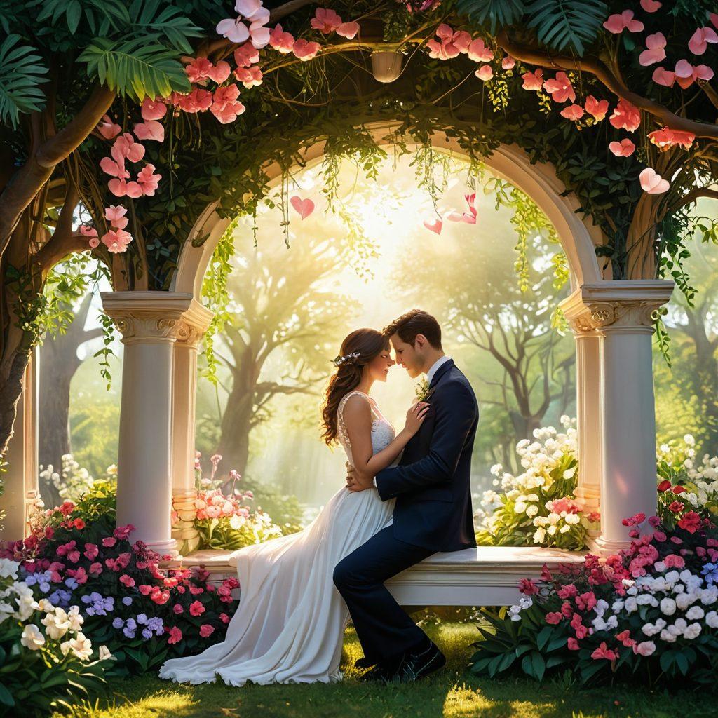 A vibrant and romantic scene depicting a couple embracing under a canopy of blooming flowers, soft sunlight filtering through the leaves, conveying warmth and intimacy. Surround them with subtle symbols of love like hearts, candles, and gentle waves in the background. Infuse the air with an aura of joy and fulfillment, highlighting the deep emotional connection between them. Include elements like soft textures and a dreamlike atmosphere. vibrant colors. super-realistic.