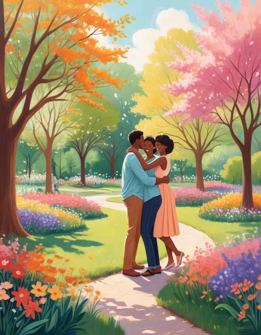 A vibrant scene depicting diverse couples enjoying joyful moments together in a sunlit park. Emphasize laughter, warmth, and connection through playful gestures and expressions. Include blooming flowers and soft pastel colors to convey a sense of happiness and togetherness. Capture elements of different cultures to celebrate the diversity of relationships. whimsical illustration. vibrant colors. soft focus.